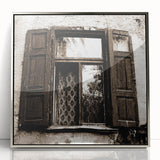 Mid-century modernist art depicting geometric shapes in muted grey and silver tones on a framed acrylic print.