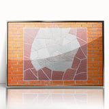 Mid-century modernist art deco poster in acrylic frame, featuring geometric shapes in muted earth tones.