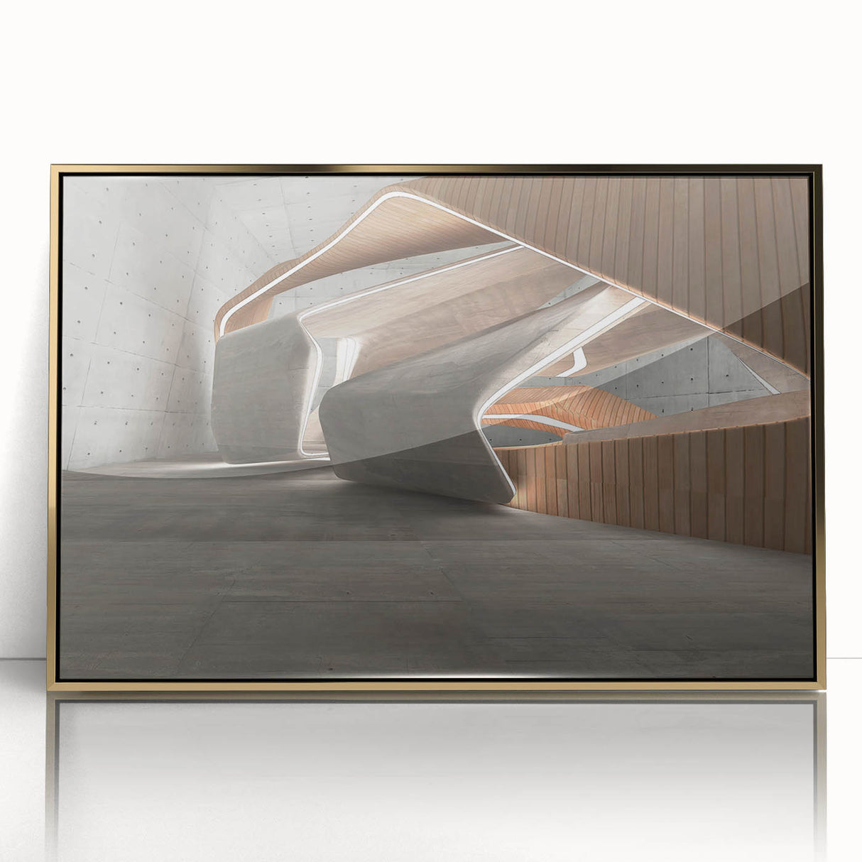 Framed acrylic print featuring a mid-century modernist design in muted gold and cream tones, suitable for nursery wall art.