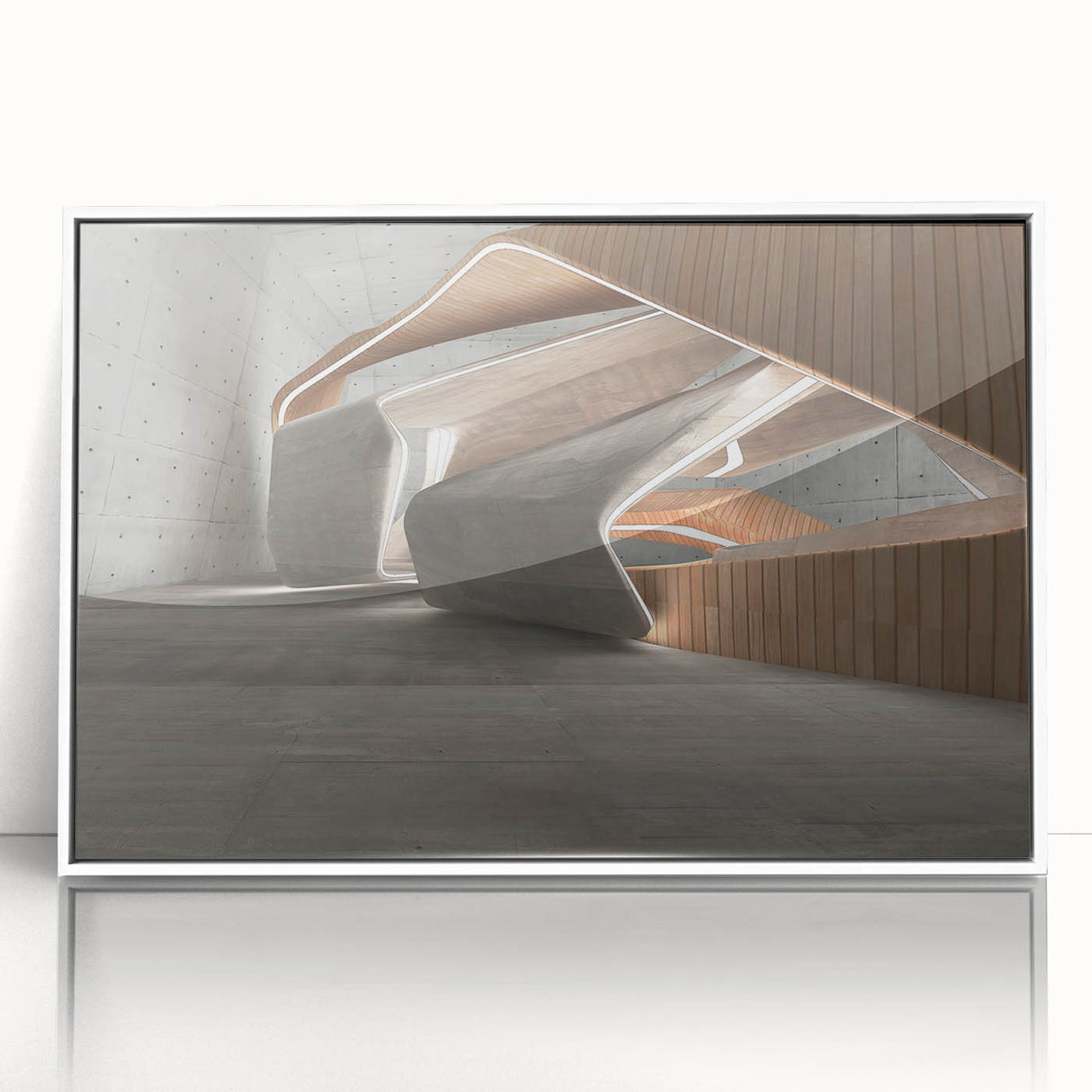 Large art print of an abstract geometric pattern in muted earth tones on a framed acrylic.