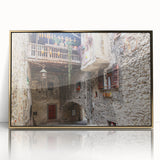 Large art print of a mid-century modernist abstract design in gold and black tones, framed acrylic.