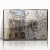 Mid-century modernist art deco poster featuring geometric patterns in silver and gray tones, acrylic print framed in silver.