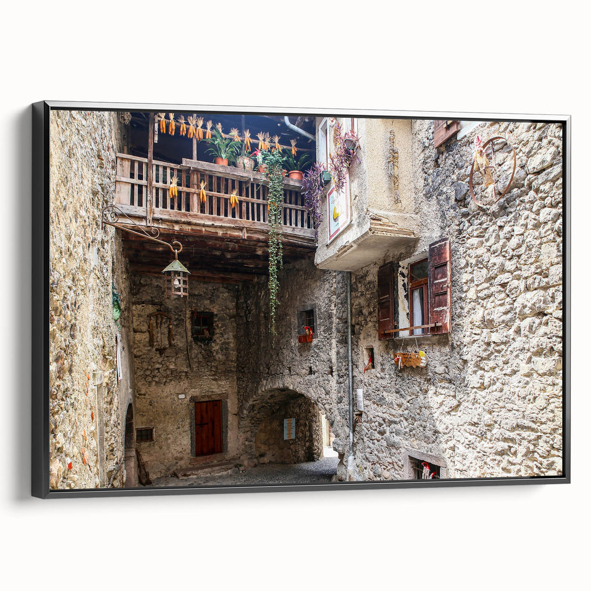 Framed black and white landscape art painting on canvas, featuring a vintage-style mountain scene.