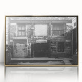 Large framed acrylic print of a mid-century modernist abstract design in muted gold and beige tones.