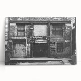 Large black and white photo of a cityscape on stretched canvas, ideal for kitchen wall art or bedroom ambiance.