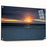 Large abstract wall art on acrylic glass featuring swirling blue and gray tones, suitable for bedroom or dining room decor.