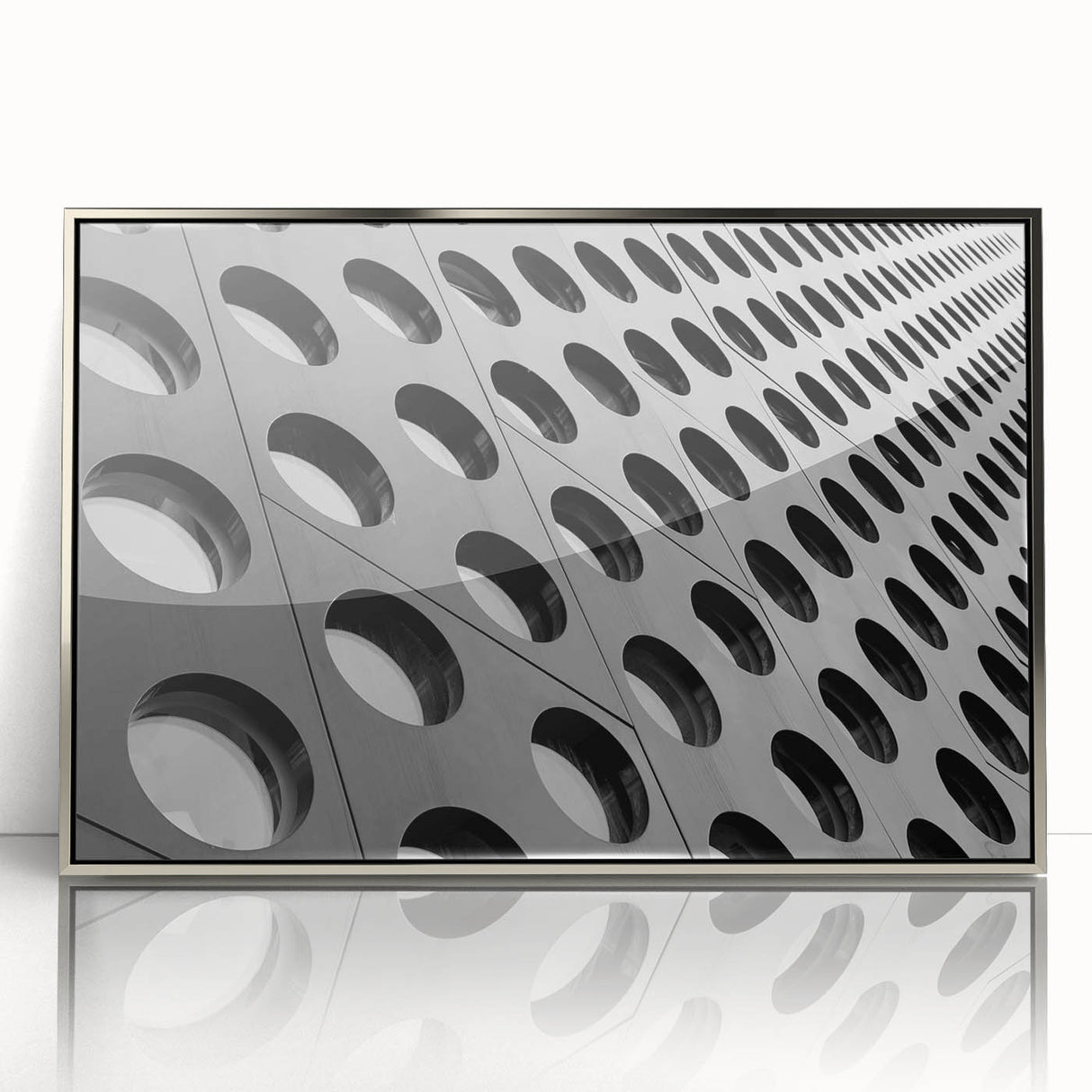 Art deco poster featuring geometric patterns in silver and black on acrylic, ideal for modern art wall decor or nursery.