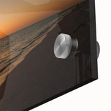 Large abstract wall art in vibrant orange and blue tones on acrylic glass, suitable for enhancing dining room ambiance.