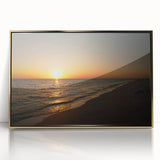 Large art print of mid-century modernist geometric shapes in muted gold and white, framed acrylic.