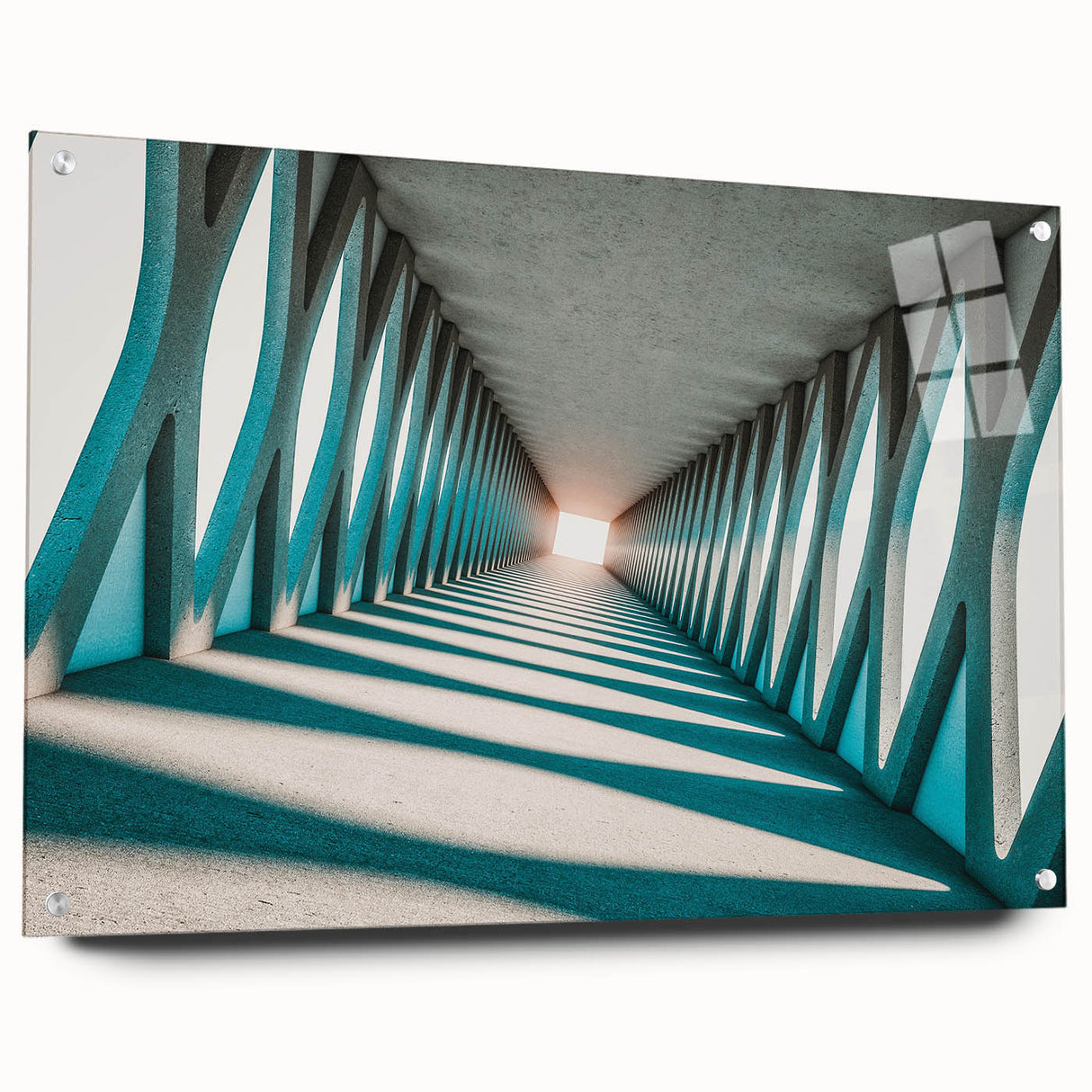 Large abstract wall art on acrylic glass featuring swirling blue and white tones, suitable for bedroom or dining room decor.