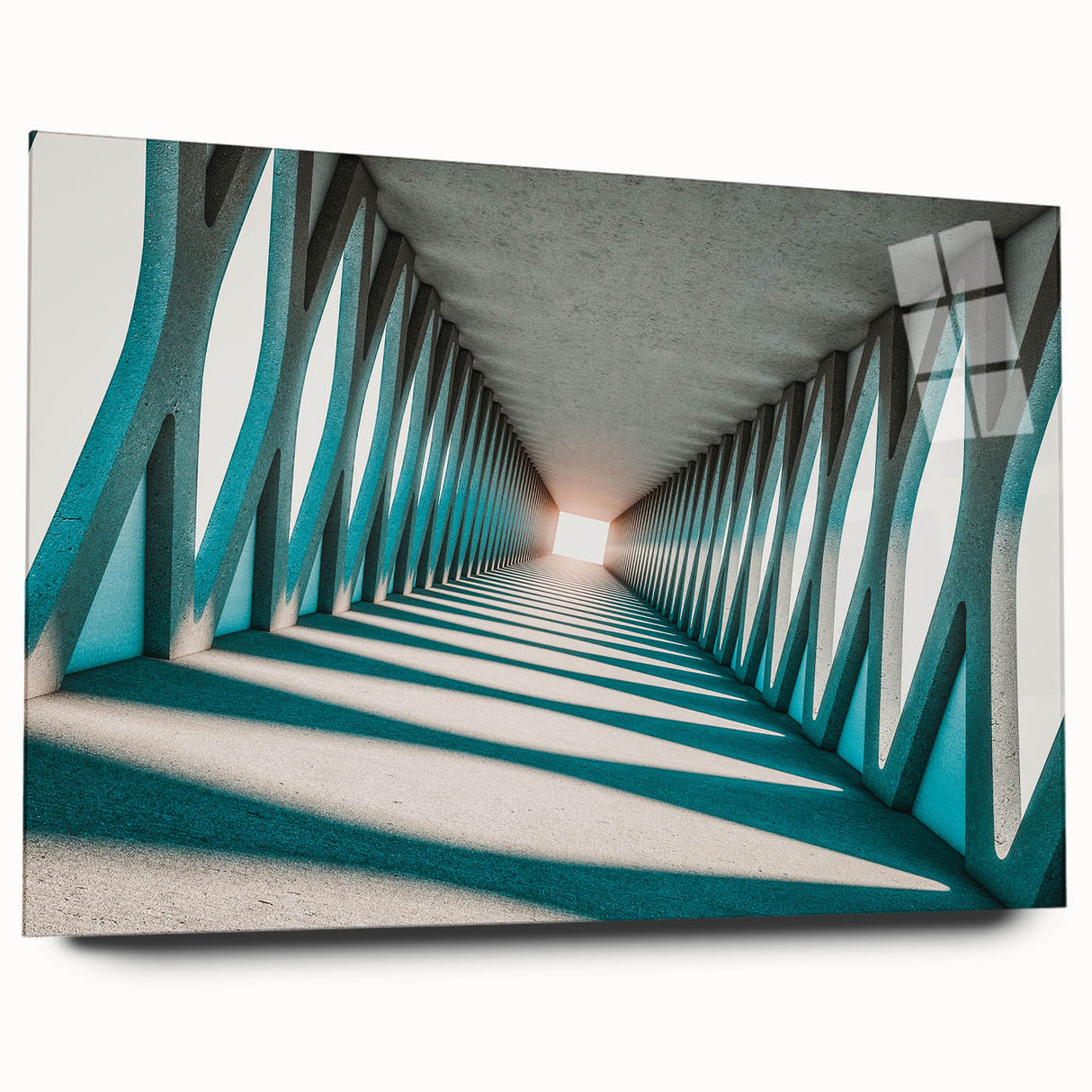 Large abstract wall art on acrylic, featuring swirling blue and gray tones, suitable for bedroom or dining room decor.