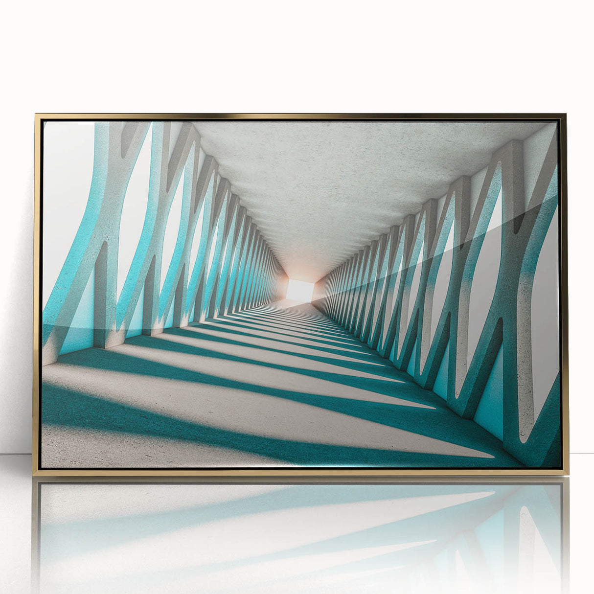 Mid-century modernist art deco poster featuring geometric shapes in gold and black, acrylic framed.