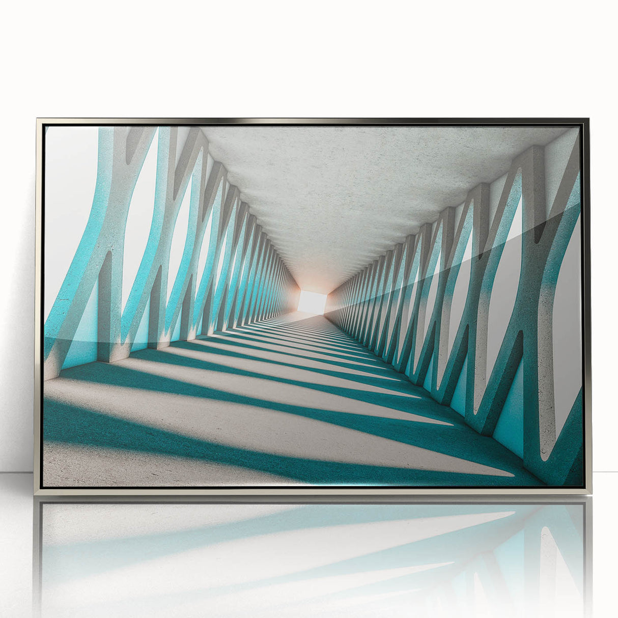 Art deco poster featuring geometric patterns in muted gold and silver tones, framed in acrylic, ideal for nursery wall art.