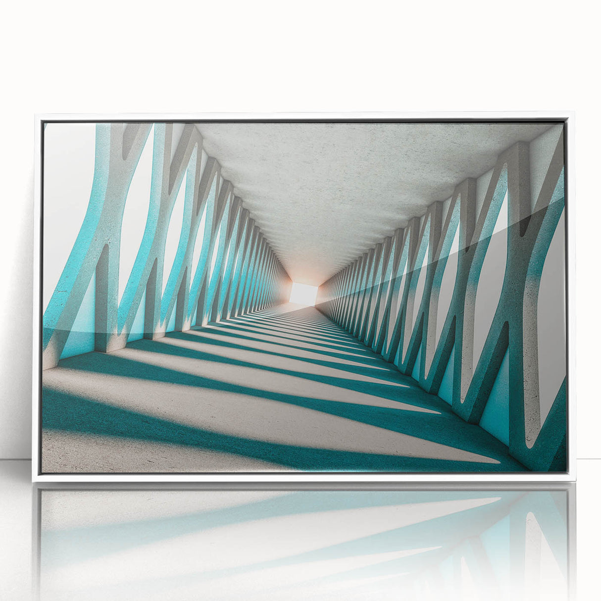 Framed acrylic print of a mid-century modernist cityscape in muted gray and blue tones, ideal for modern art wall decor.