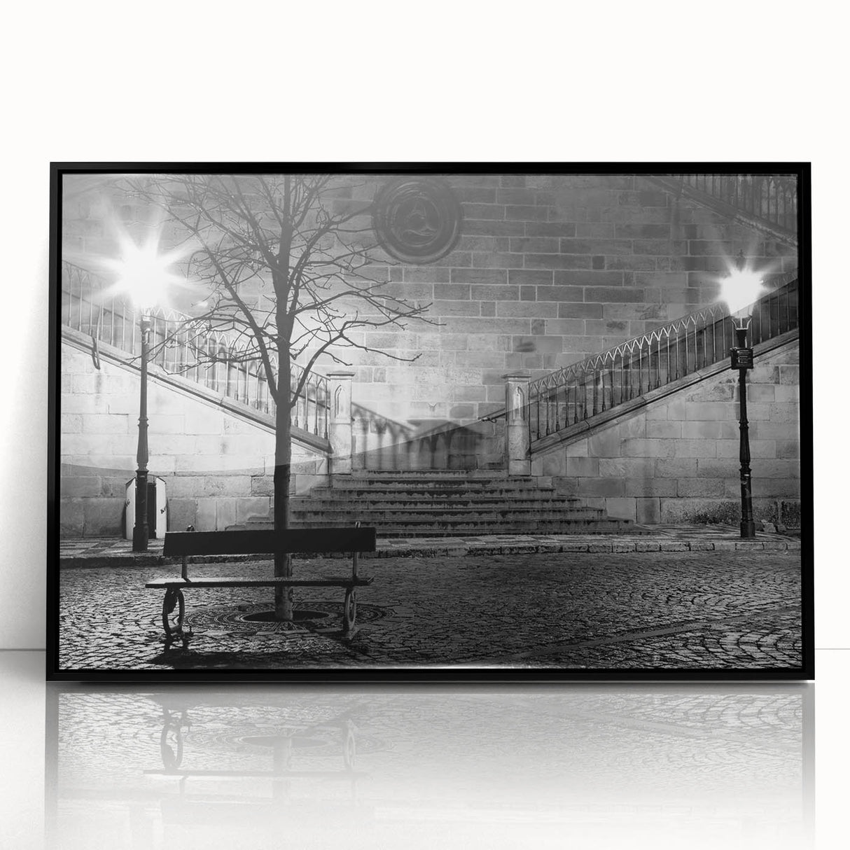 Large abstract wall art print in mid-century modernist style, featuring swirling blue and grey tones on framed acrylic.
