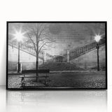 Large abstract wall art print in mid-century modernist style, featuring swirling blue and grey tones on framed acrylic.