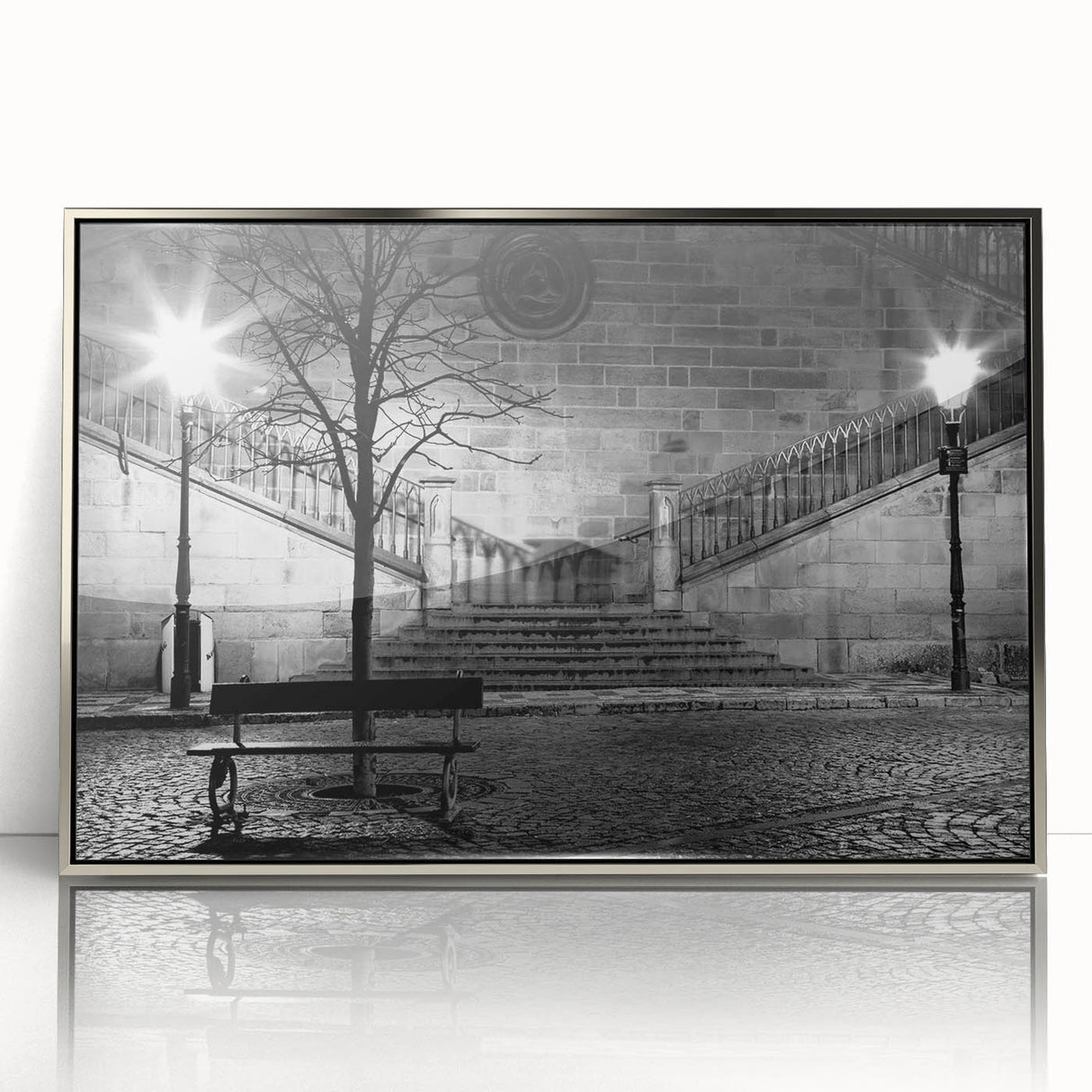 Framed acrylic print of a mid-century modernist art deco poster featuring geometric shapes in silver and gray tones.