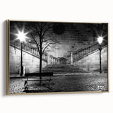 Landscape painting of a serene lake at dusk in muted blues and grays, framed canvas, ideal for bedroom wall art.