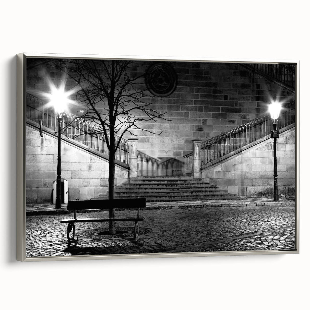 Framed canvas landscape art painting featuring a monochrome forest scene with silver frame.