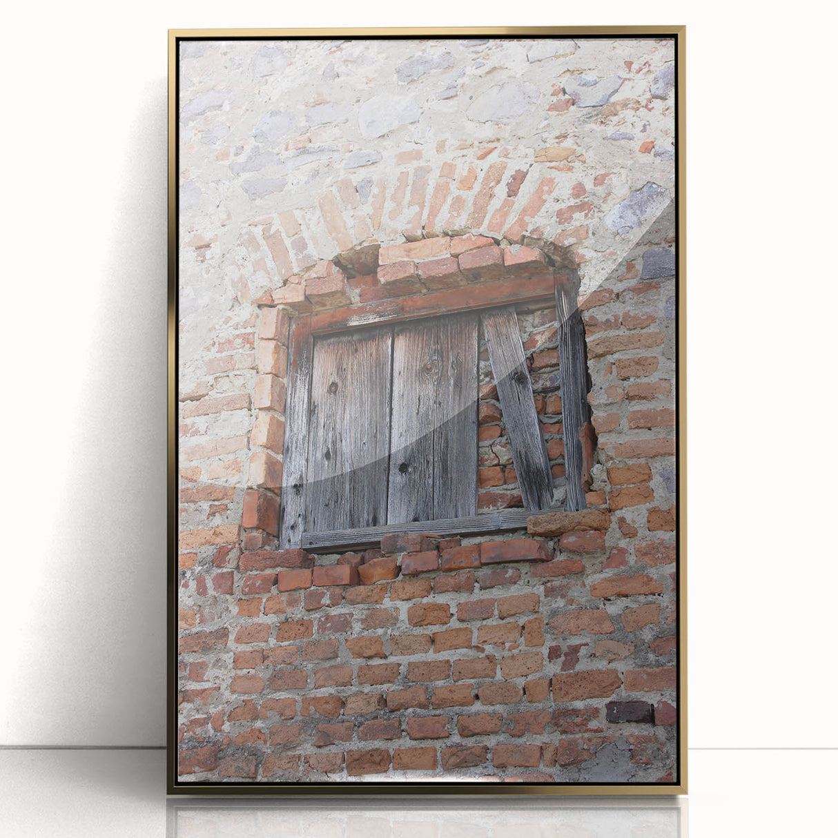 Framed acrylic print of a mid-century modernist abstract design in gold and black tones, suitable for modern art wall decor.