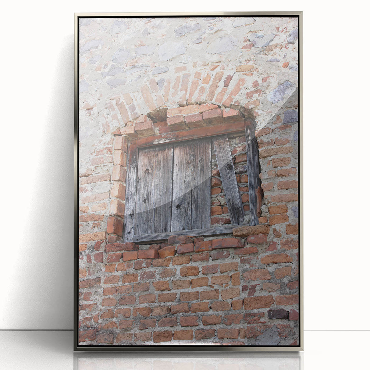 Mid-century modernist art deco poster with geometric shapes in muted gray and silver tones, acrylic framed.