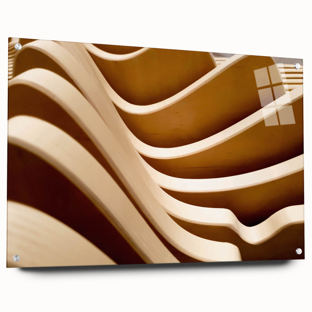 Large abstract wall art on acrylic glass featuring swirls of blue and gray, ideal for modern bedroom or dining room decor.