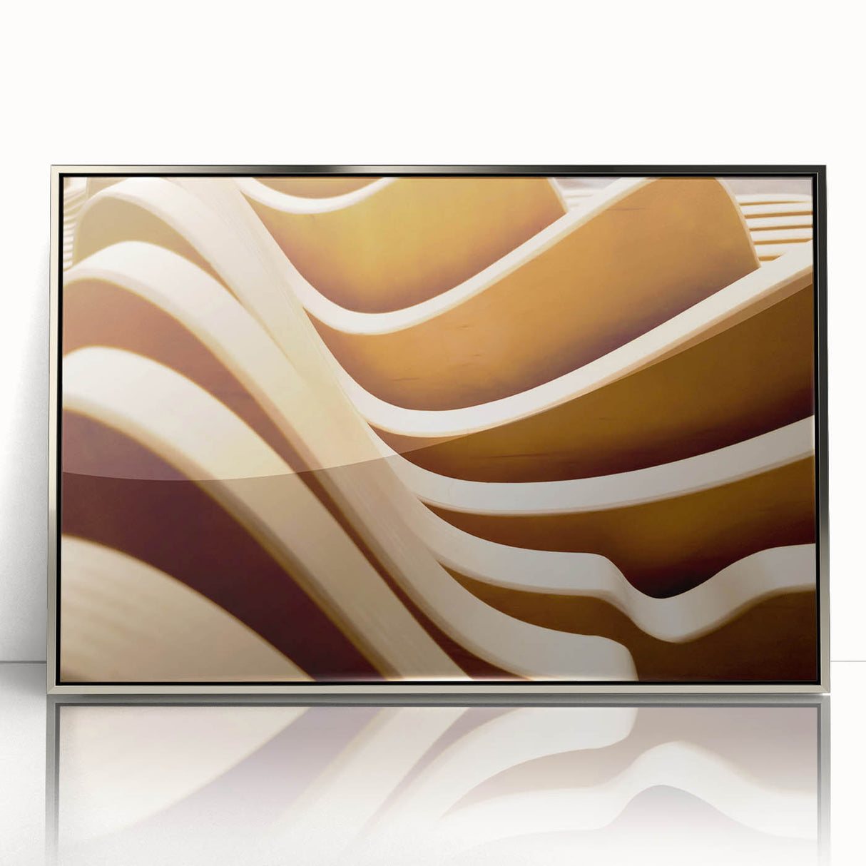 Framed acrylic print of an art deco poster featuring geometric shapes in silver and black, ideal for modern art wall decor.