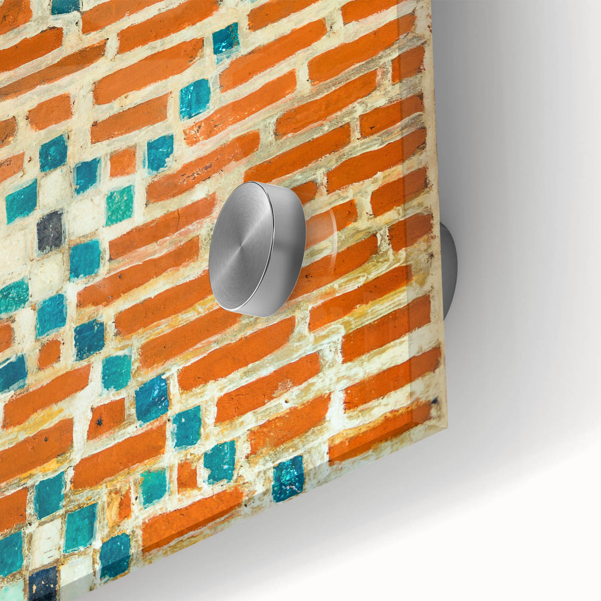 Large abstract wall art in mid-century modernist style, featuring bold geometric shapes in earth tones.