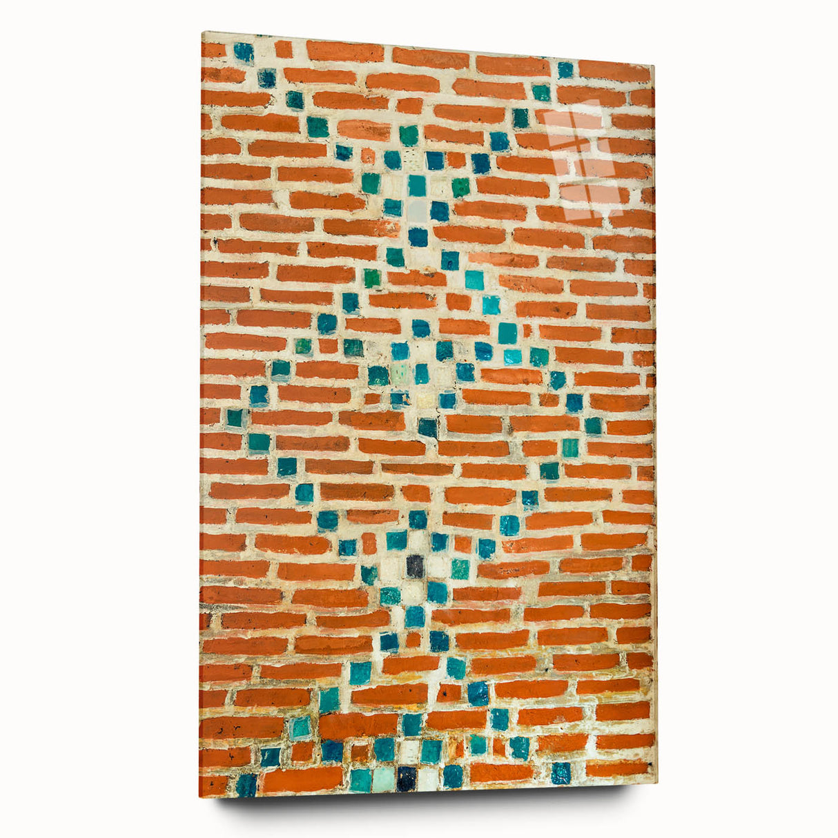 Large abstract wall art in vibrant blue and orange tones on acrylic glass, suitable for bedroom or dining room decor.