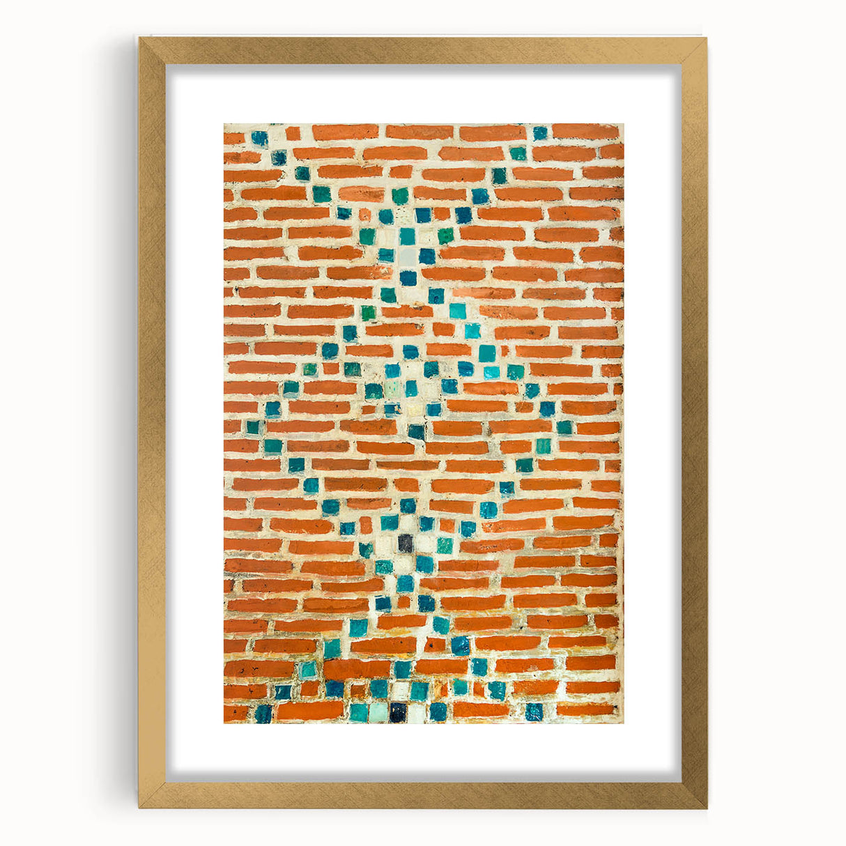 Extra large abstract art print with textured details in blue and gold, framed in gold, ideal for living room decor.