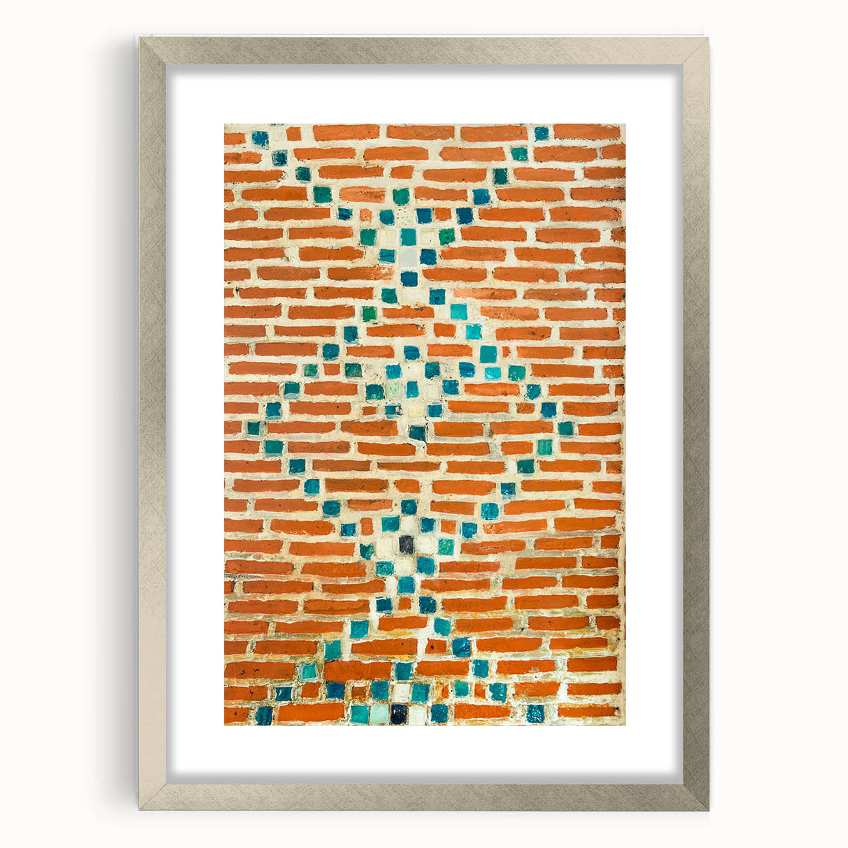 Textured abstract art print in neutral shades on a silver-framed canvas, suitable for bedroom decor.