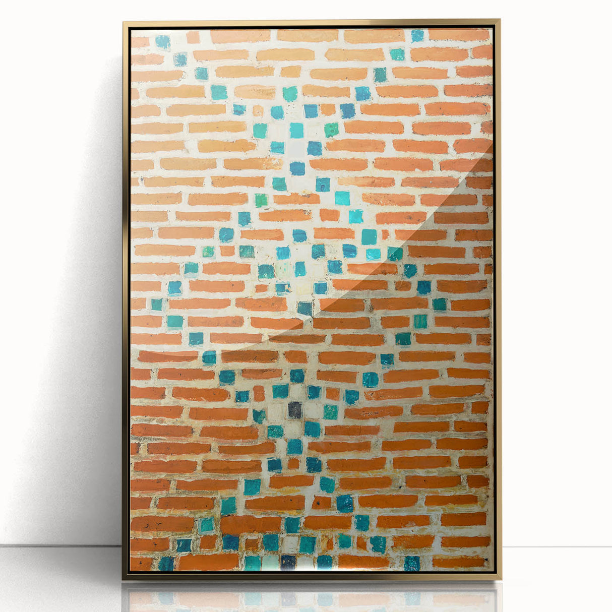 Mid-century modernist large art print with abstract forms in muted earth tones, framed acrylic.