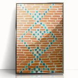 Mid-century modernist art print featuring geometric shapes in muted blues and greens, framed in silver acrylic.