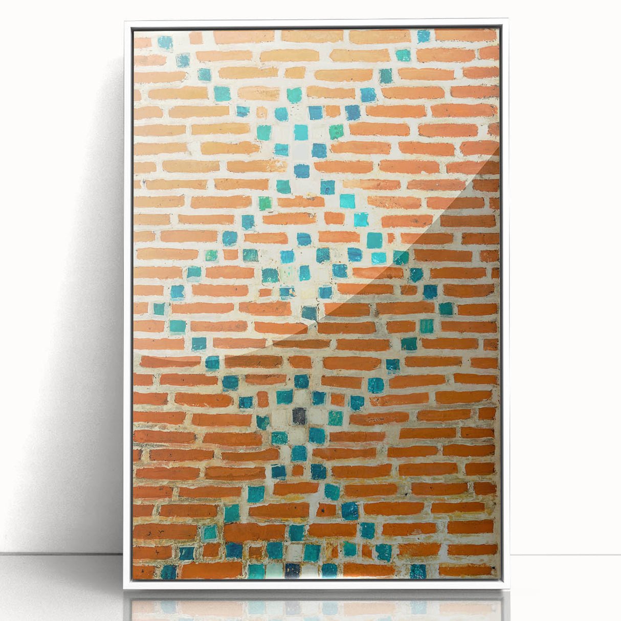 Art deco poster featuring geometric patterns in muted gold and navy, acrylic print framed in white.