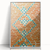 Art deco poster featuring geometric patterns in muted gold and navy, acrylic print framed in white.