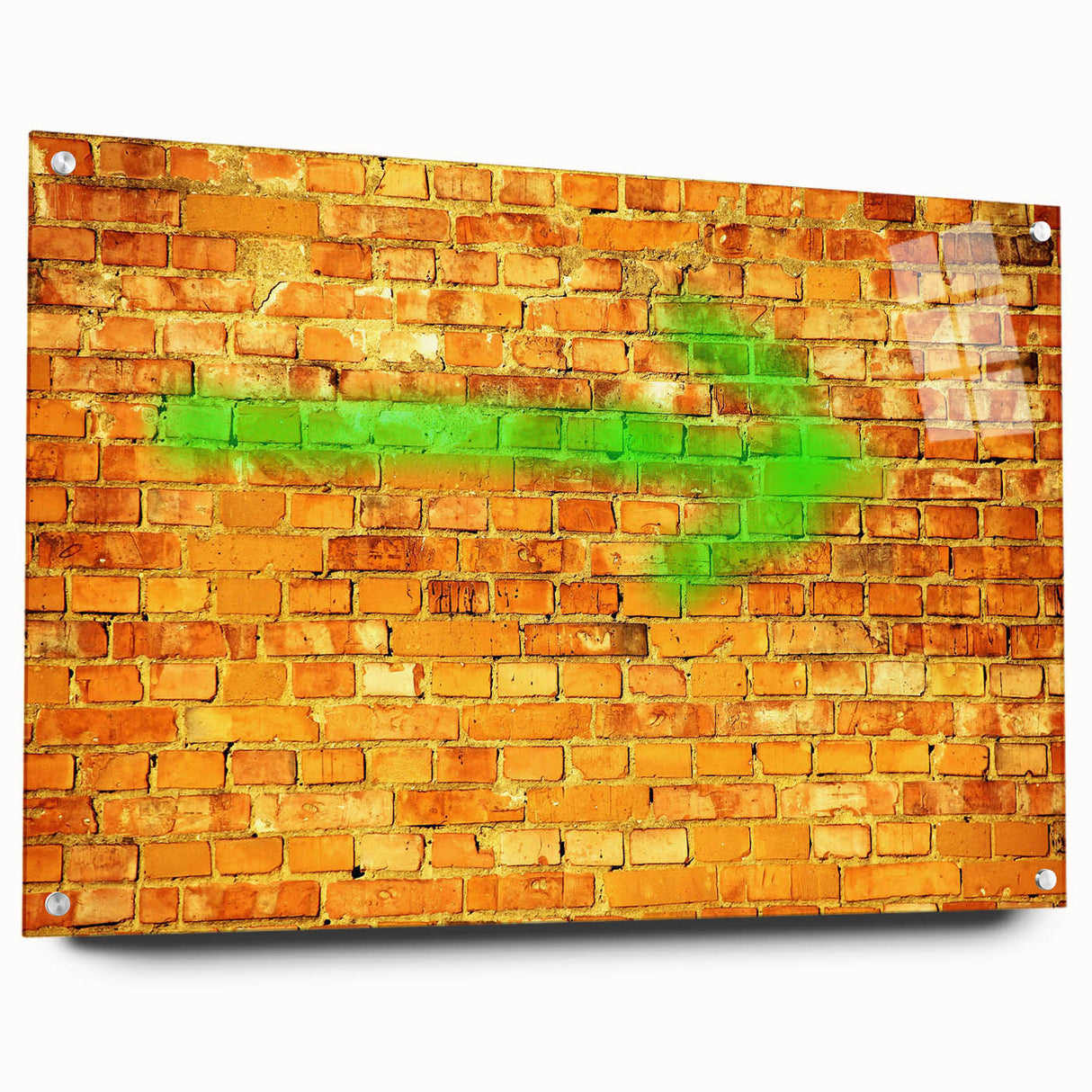 Large abstract wall art in vibrant orange and red tones on acrylic glass, suitable for bedroom or dining room decor.