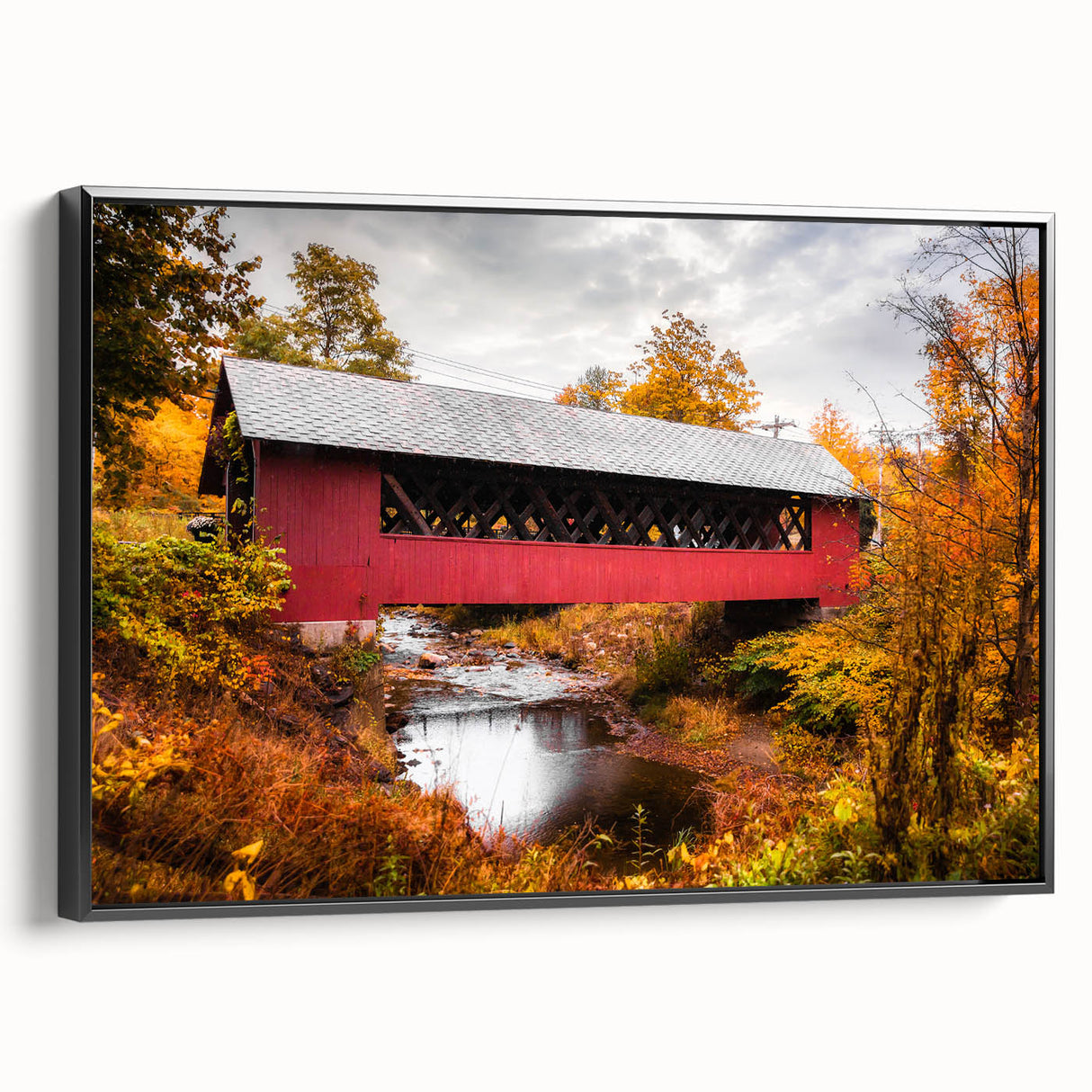 Black and white landscape painting on framed canvas, featuring a serene vintage-style scene, ideal for bedroom wall decor.