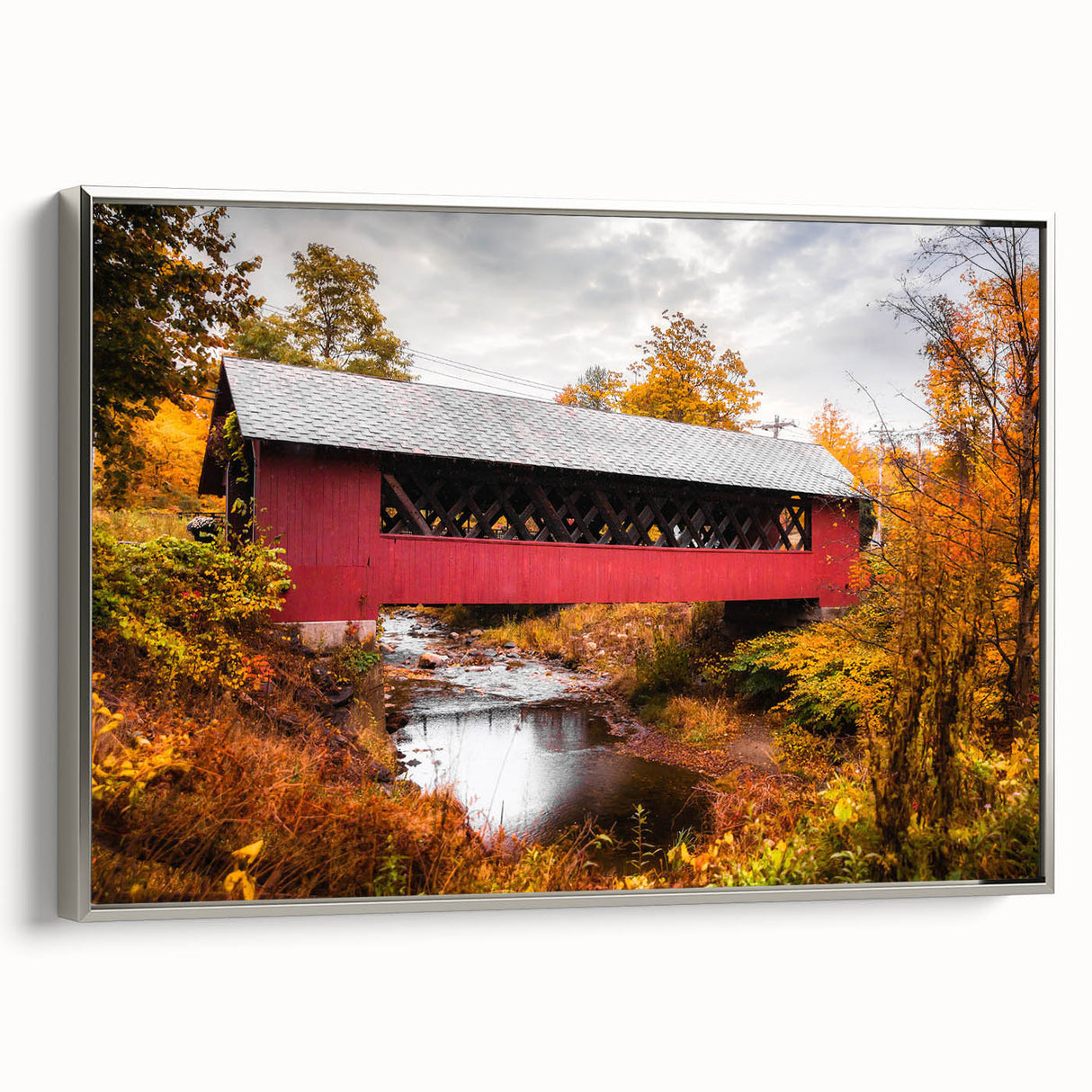 Landscape art painting on framed canvas, depicting a colorful vintage poster style with black borders.