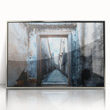 Framed acrylic print of a mid-century modernist cityscape in muted gray and blue tones, ideal for modern art wall decor.