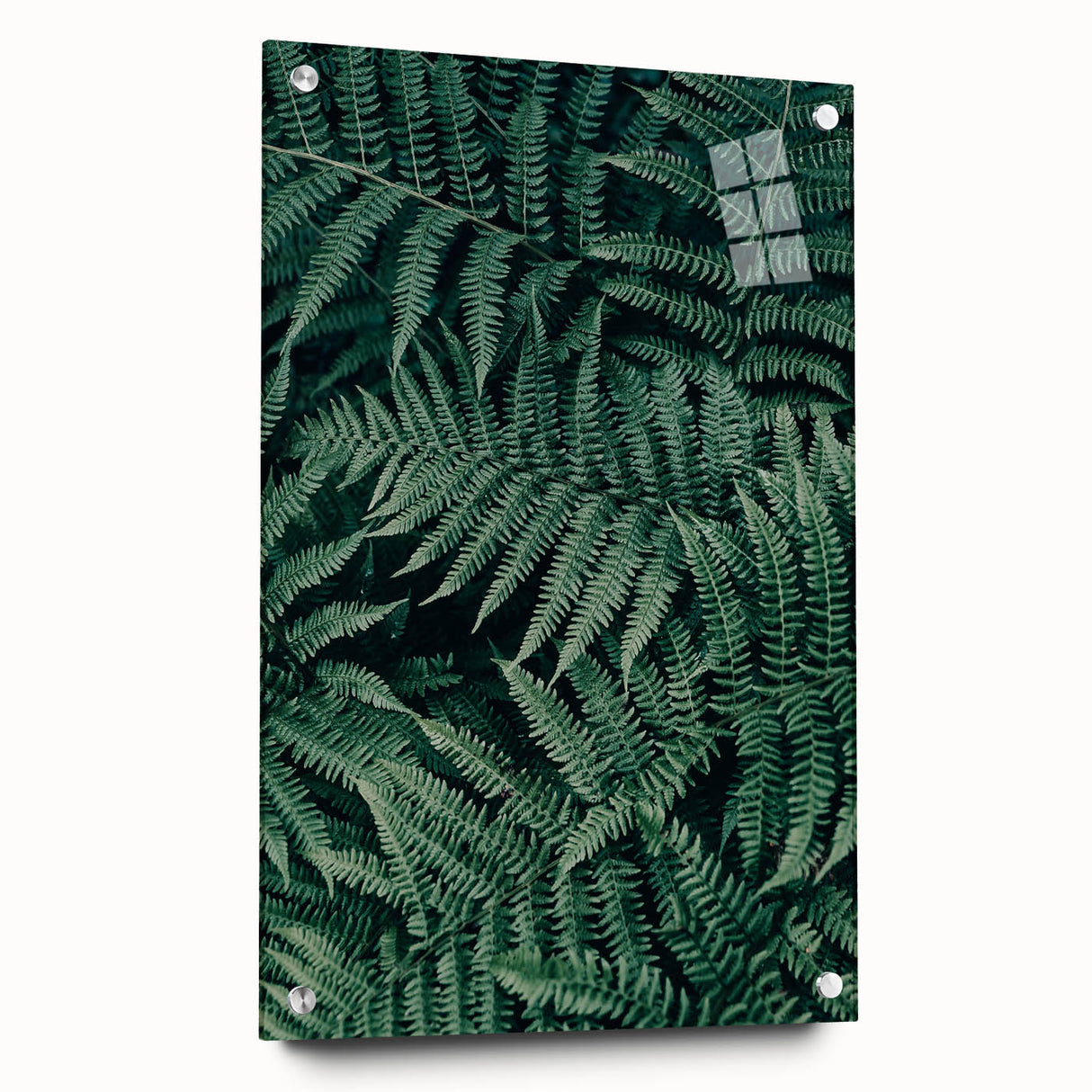 Acrylic glass panel showcasing a side view with polished edges and metal pins, ideal for modern decor and art displays, reflecting light beautifully.