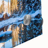 Large abstract wall art in vibrant blue and orange tones on acrylic glass, ideal for modern bedroom or dining room ambiance.