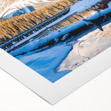 Art deco poster on rolled canvas featuring geometric patterns in muted gold and navy.