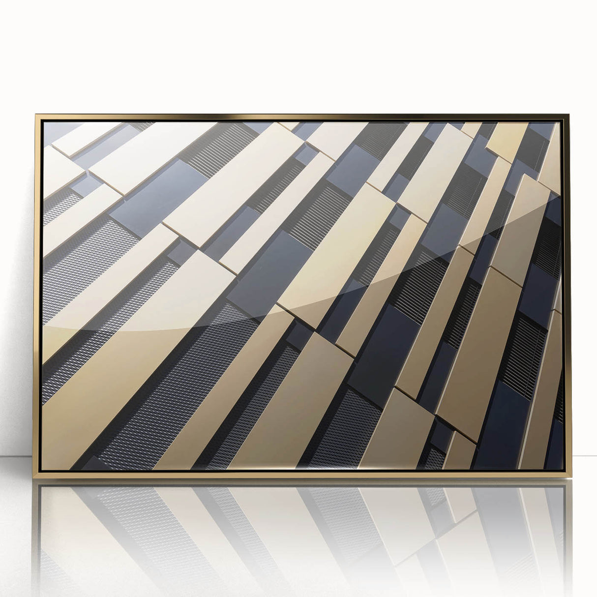 Mid-century modernist art deco poster featuring geometric shapes in gold and black, framed acrylic.