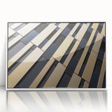 Framed acrylic print of a mid-century modernist style large art print featuring abstract shapes in muted earth tones.