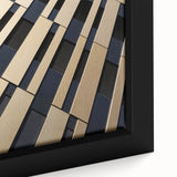 Close-up of black wall art featuring colorful, textured abstract design on a framed canvas, ideal for living room decor.