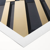Art deco poster featuring geometric shapes in muted gold and black on rolled canvas, suitable for dining room wall art.