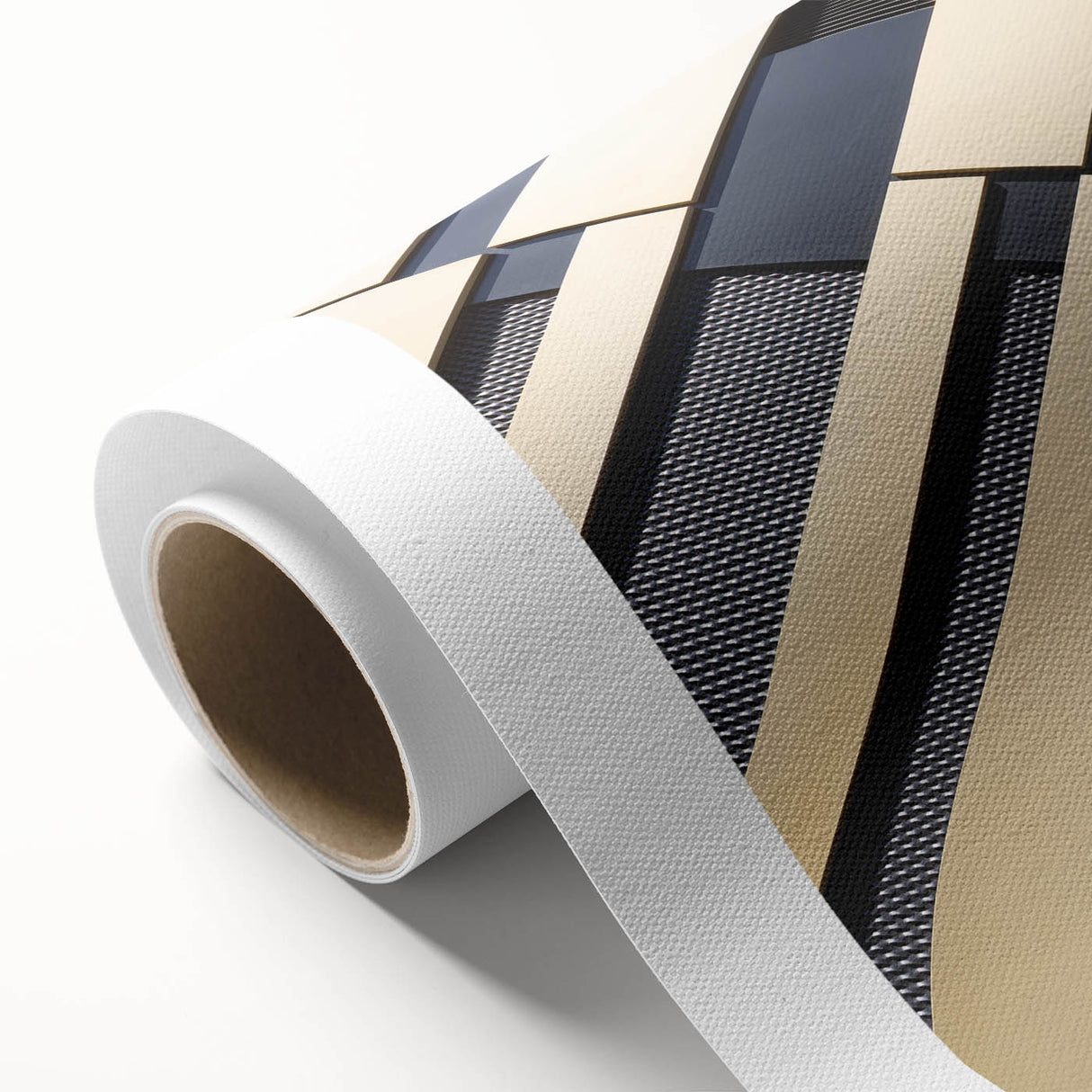 Art Deco style poster of a stylized sunburst in gold and black, printed on rolled canvas.