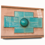 Large abstract wall art in vibrant orange and blue tones on acrylic glass, ideal for bedroom or dining room decor.