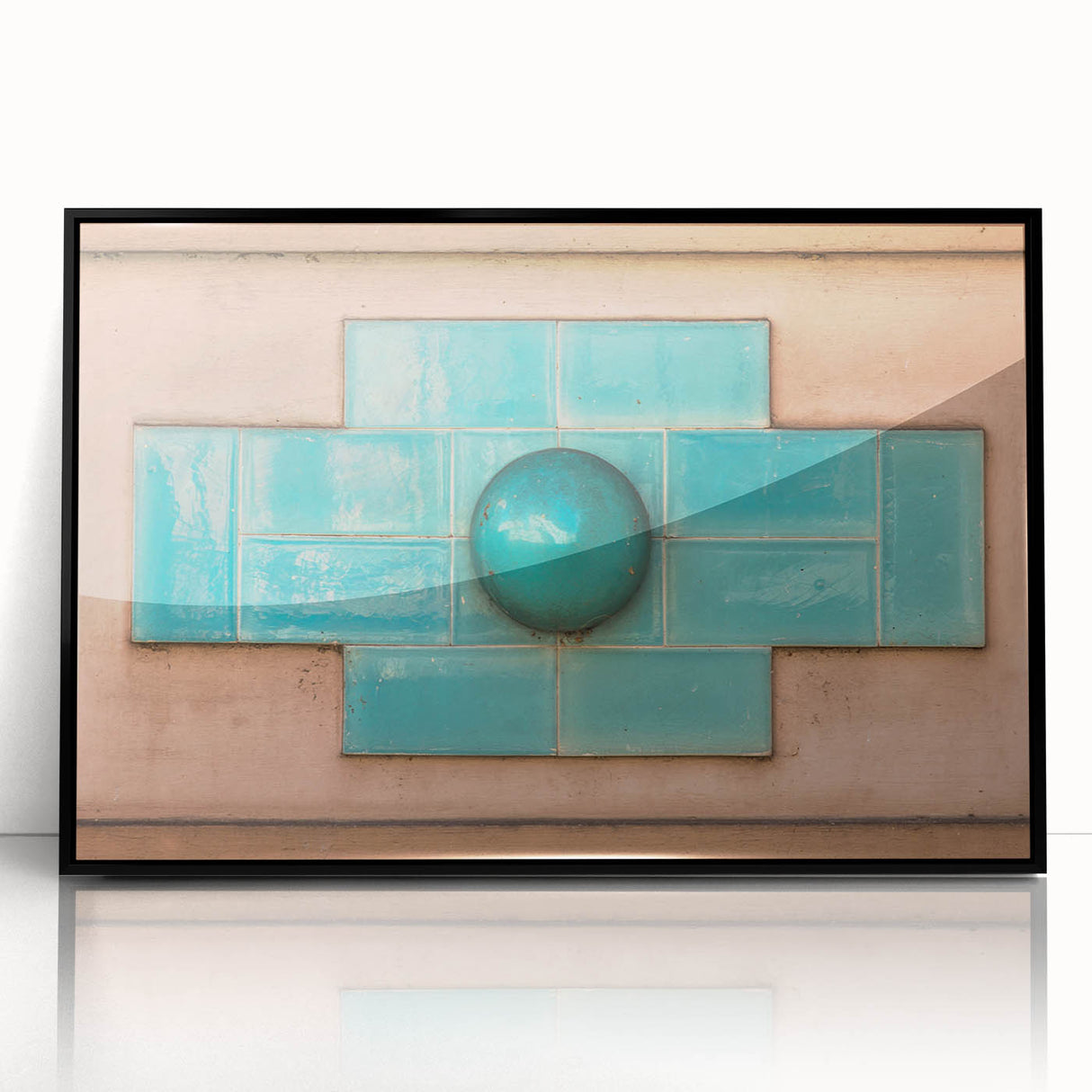 Large abstract wall art in mid-century modernist style, featuring swirling blue and gray tones on a framed acrylic print.