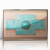 Mid-century modernist art of geometric shapes in muted pastel tones on a framed acrylic poster.